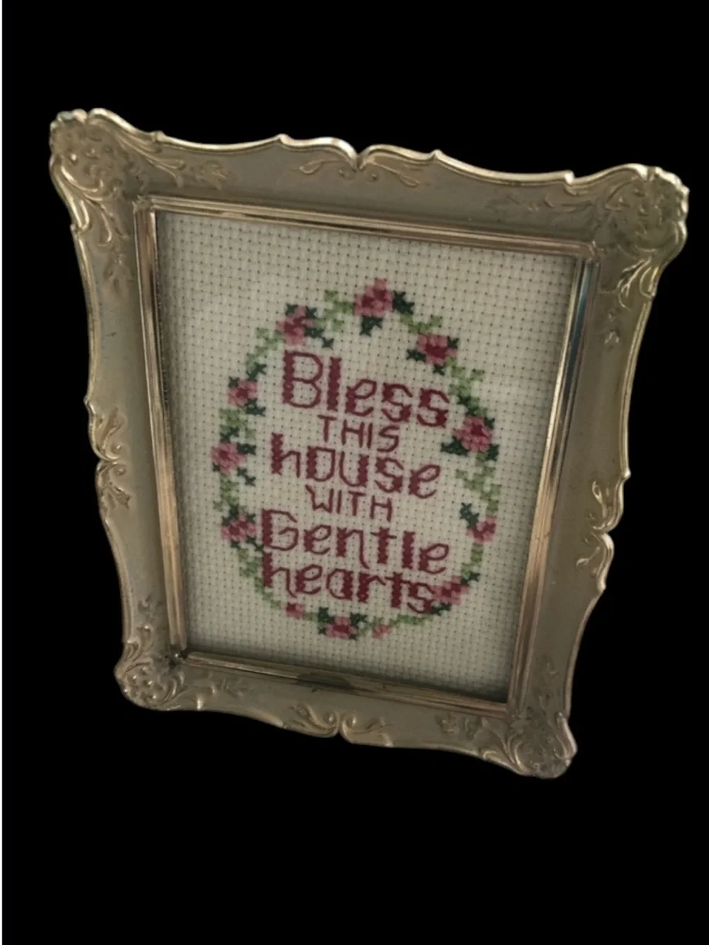 Vintage Framed Cross Stitch Bless This House with Gentle Hearts